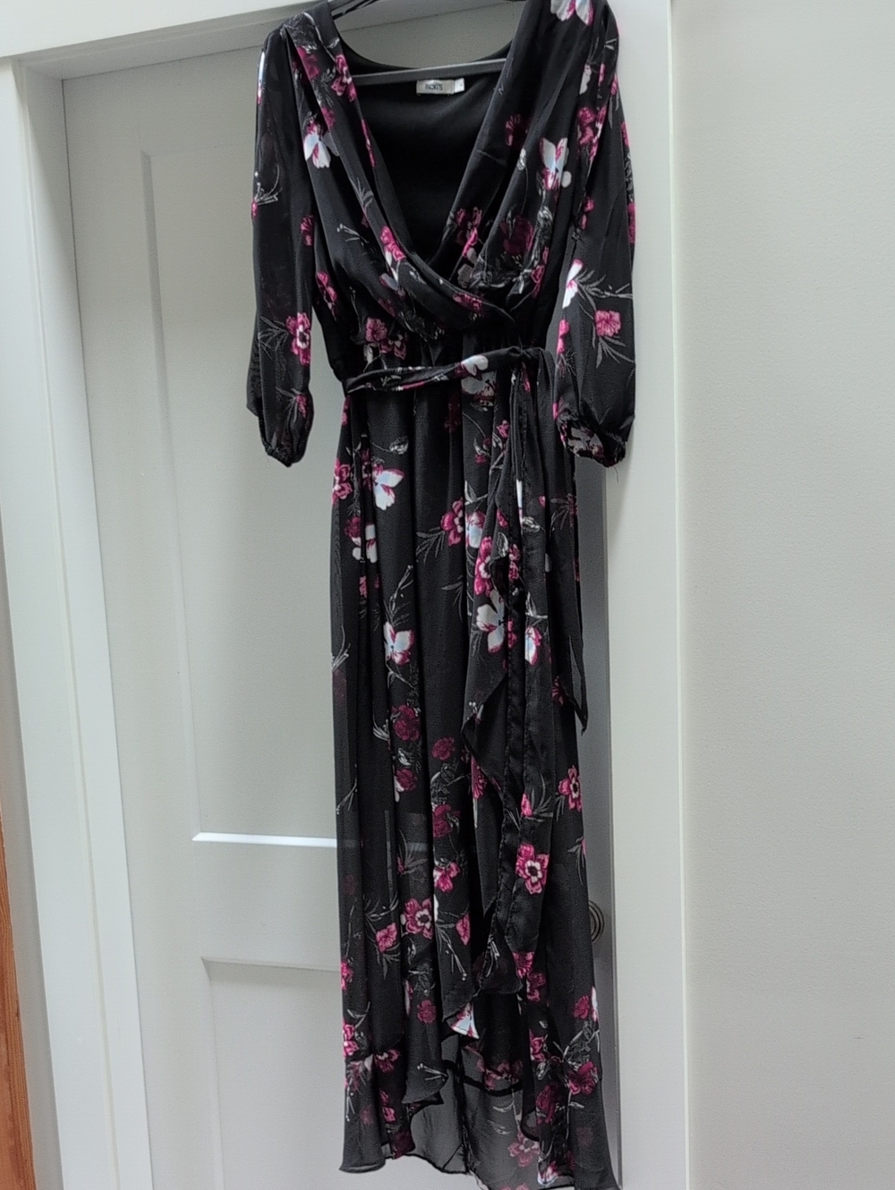Ricki's Black Maxi Wrap Dress with Pink Floral Print Sz 6